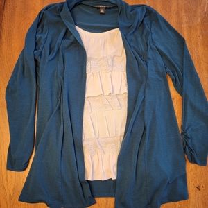 Women's I.N.Studio Blue Cardigan with White Ruffle Top - Size 1x